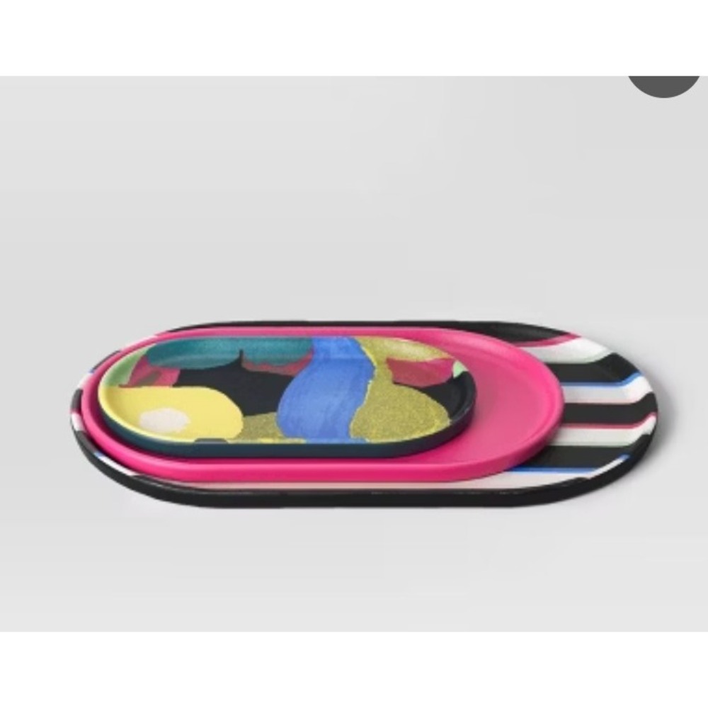 Room Essentials Printed Tray Set 3 Piece Multicolor NEW Bamboo Melamine Nesting